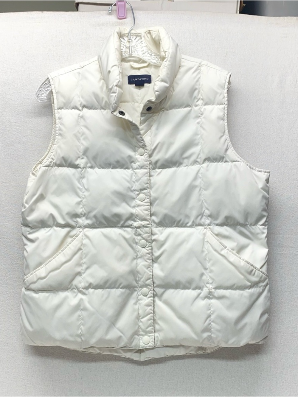 Lands' End Off-White Down Quilted Puffer Vest Medium Outdoor Layer Snap Front